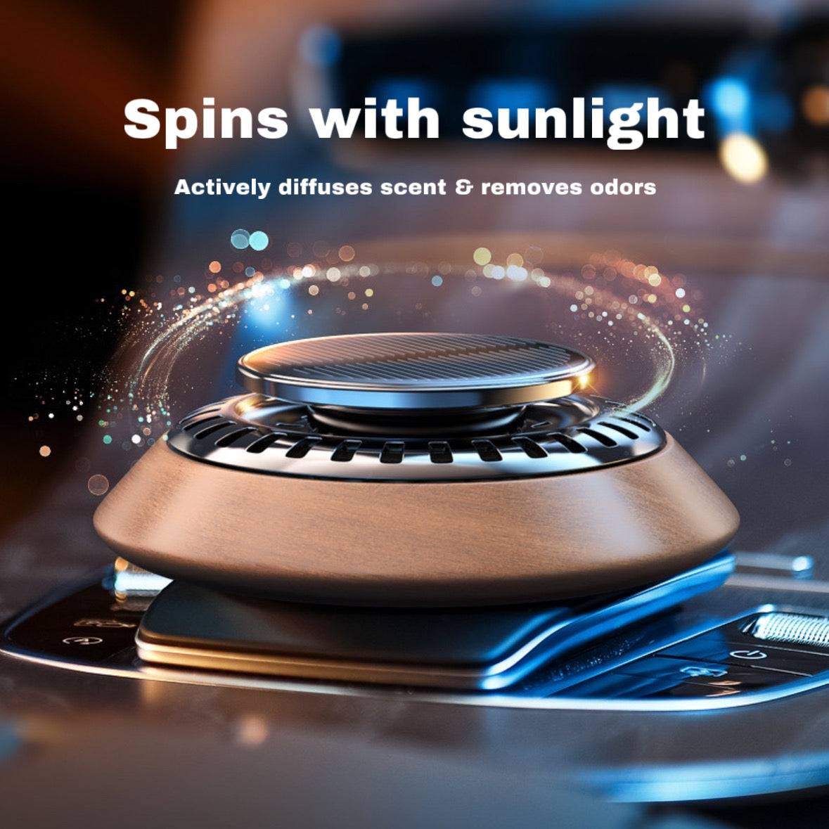 Solar-Powered Car Air Freshener – Black Walnut Aromatherapy Diffuser | Rotating, Odor-Eliminating, Essential Oil Scent for Vehicles