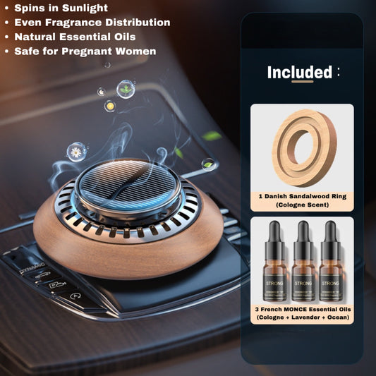 Solar-Powered Car Air Freshener – Black Walnut Aromatherapy Diffuser | Rotating, Odor-Eliminating, Essential Oil Scent for Vehicles
