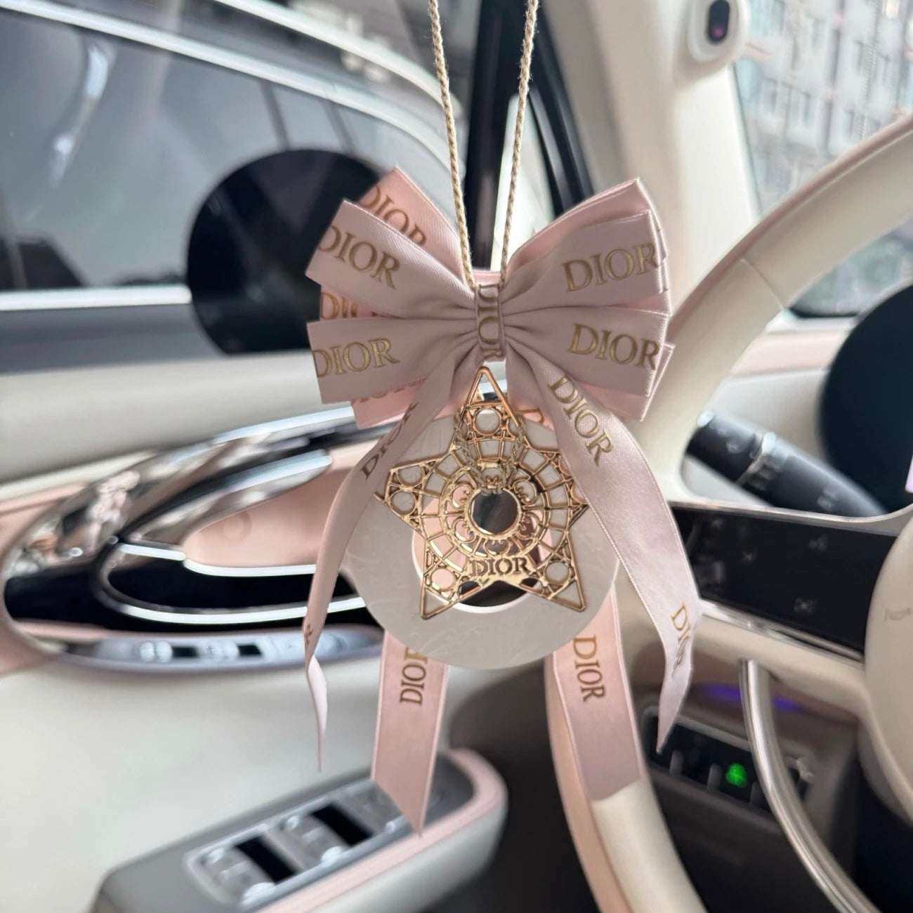 Luxury Dior-Inspired Car Hanging Ornament with Aroma Stone – Elegant Rearview Mirror Pendant & Personal Fragrance Diffuser