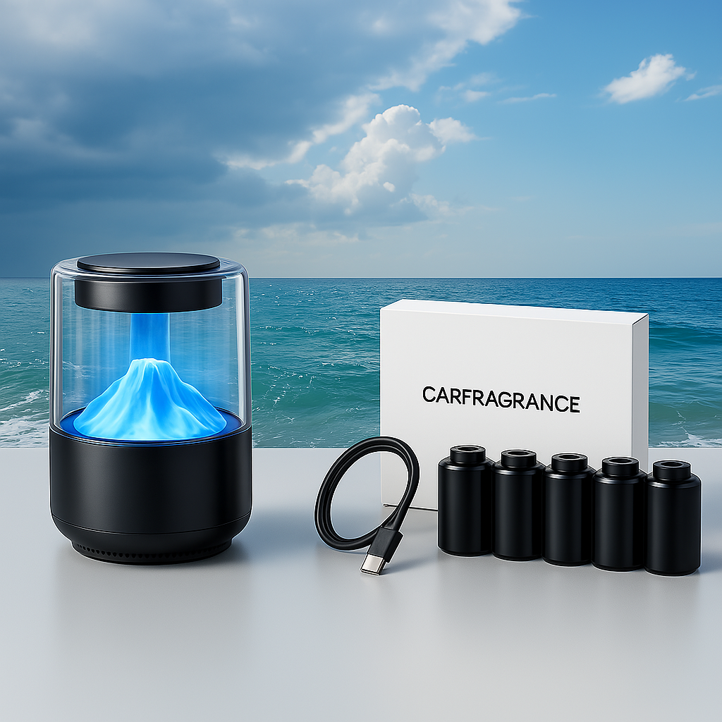 Smart Car Air Freshener with Touch Control – USB Rechargeable Diffuser with 5 Fragrance Refills & LED Ambient Light